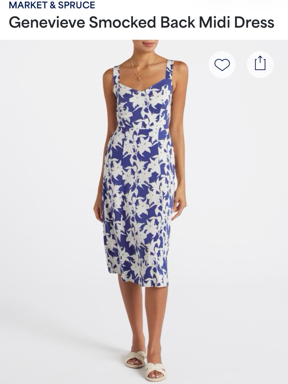 Market & Spruce Blue and White Floral Smocked-Back Midi Dress